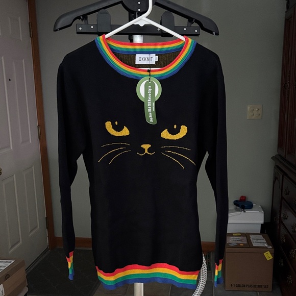 OXKNIT Women's Black Cat Sweater with Rainbow Collar - Picture 2 of 2